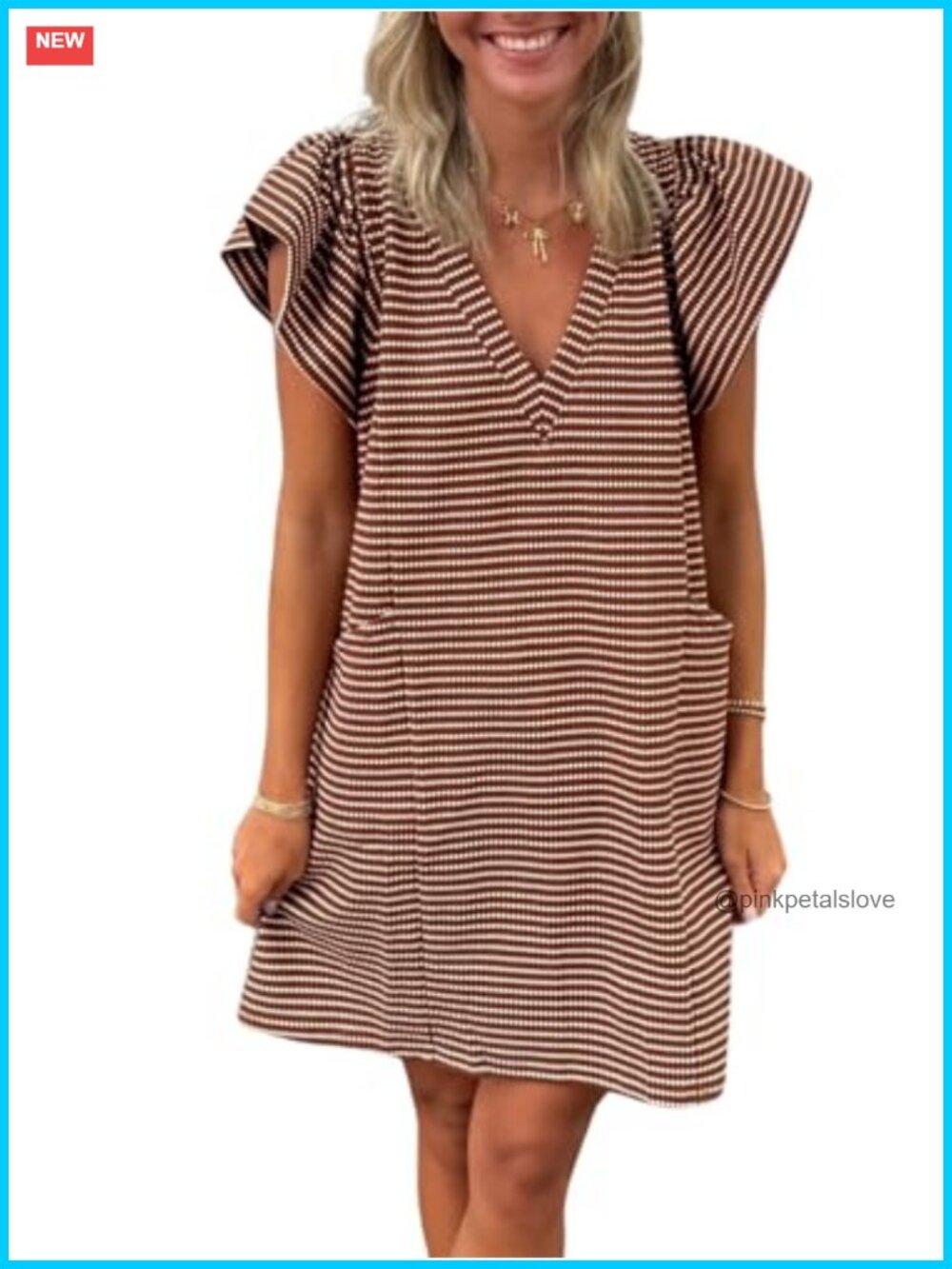 Striped V-Neck Mini Dress Puff Sleeve Casual Shift Dress with Pockets